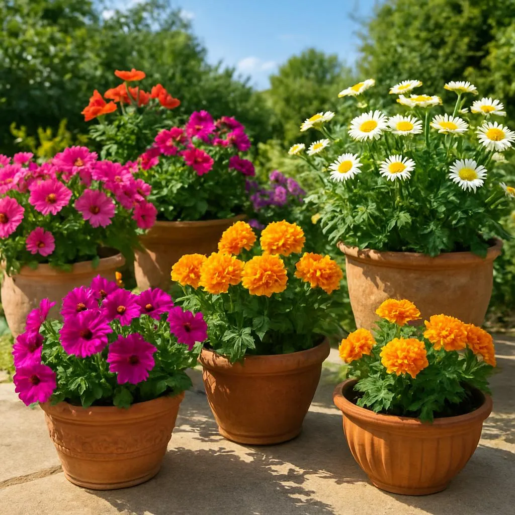 Container flower garden with colorful blooms